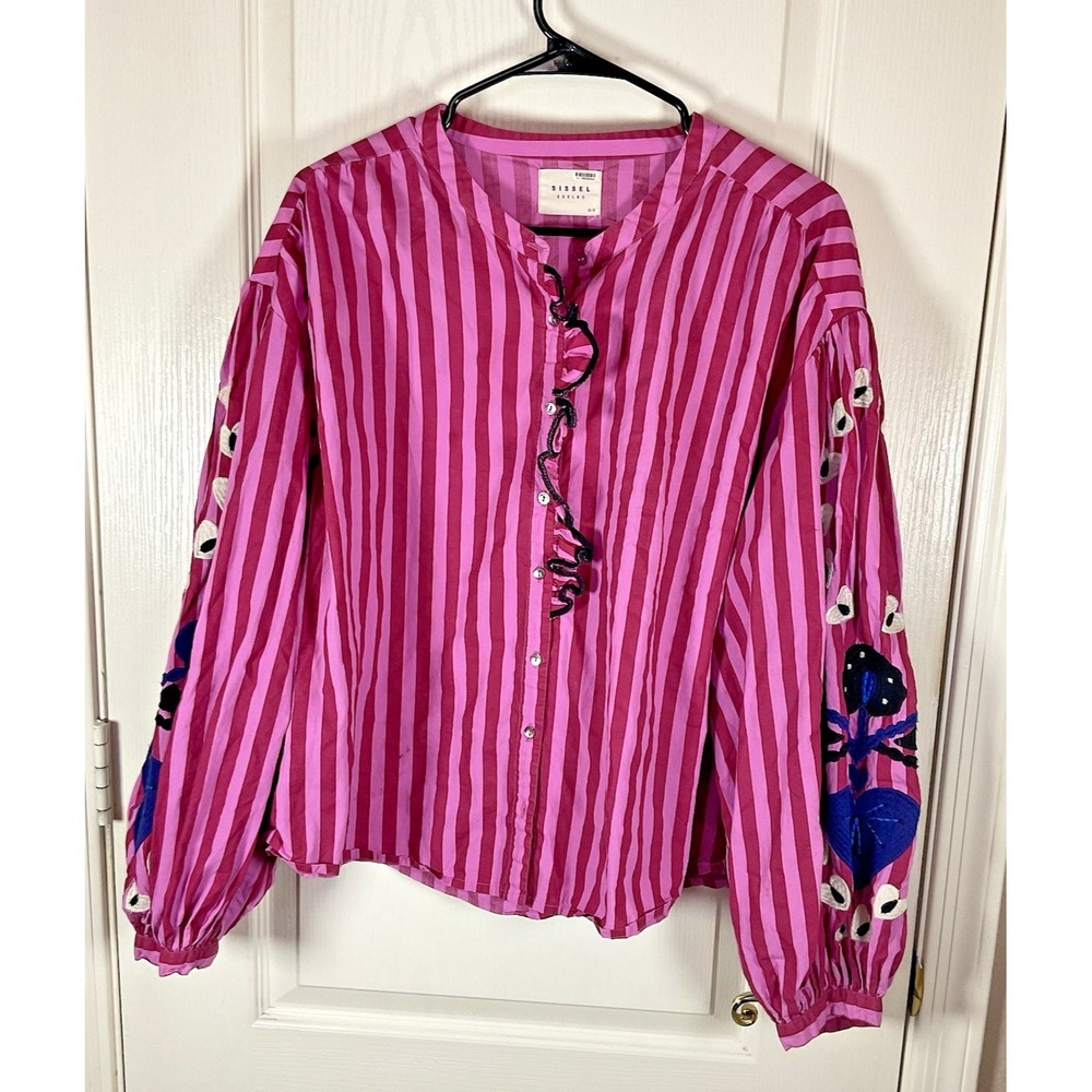Sissel Edelbo Patricia Blouse OS Striped Floral Embroidered Puff Sleeve Ruffle C